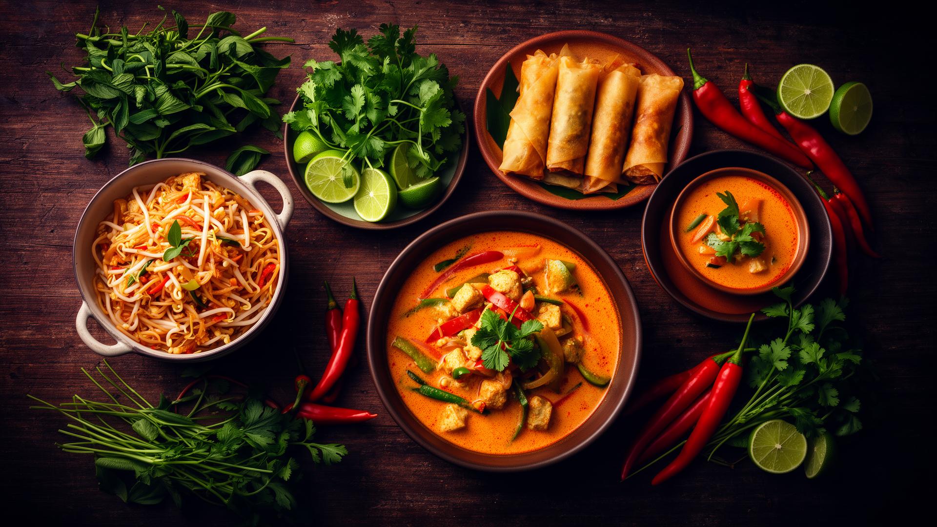 Plats thaï colorés sur table en bois
